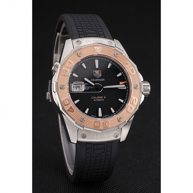 Cheap Swiss Tag Heuer Aquaracer Calibre 5 Black Dial Gold Bezel Stainless Steel Case Black Rubber Strap-2