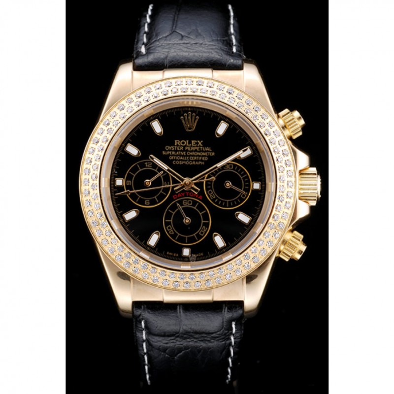 Rolex Daytona Gold Case Crystal Studded Bezel Black Dial-1