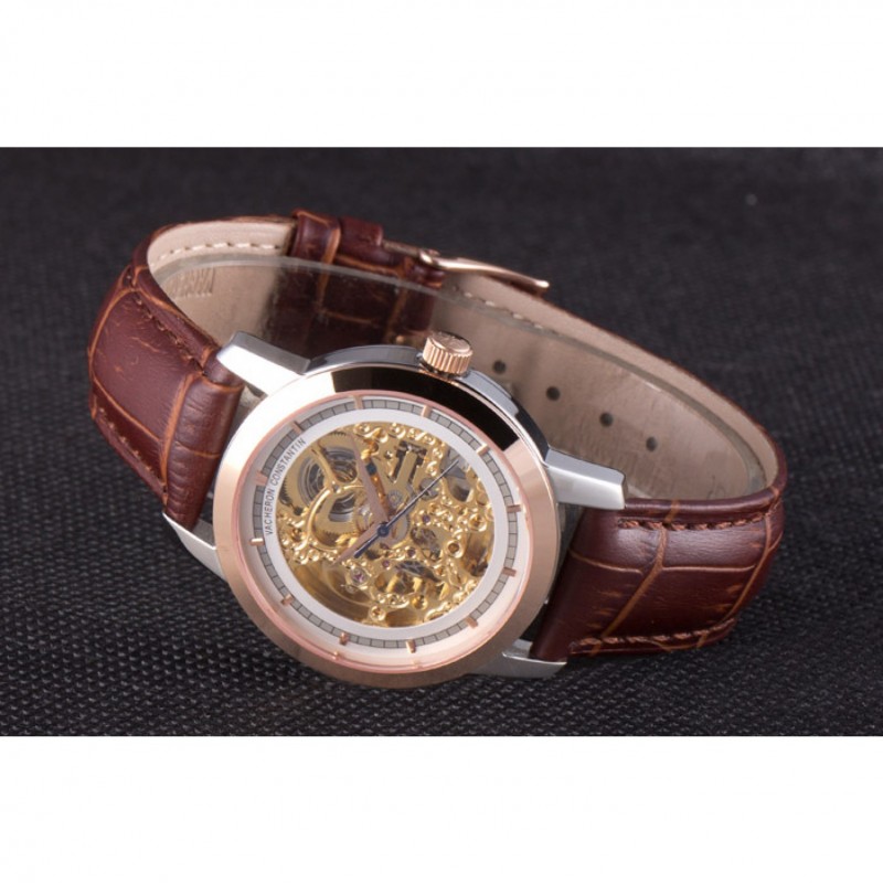 Vacheron Constantin White Skeleton Watch with Rose Gold Bezel and Brown Leather Strap 621539-4