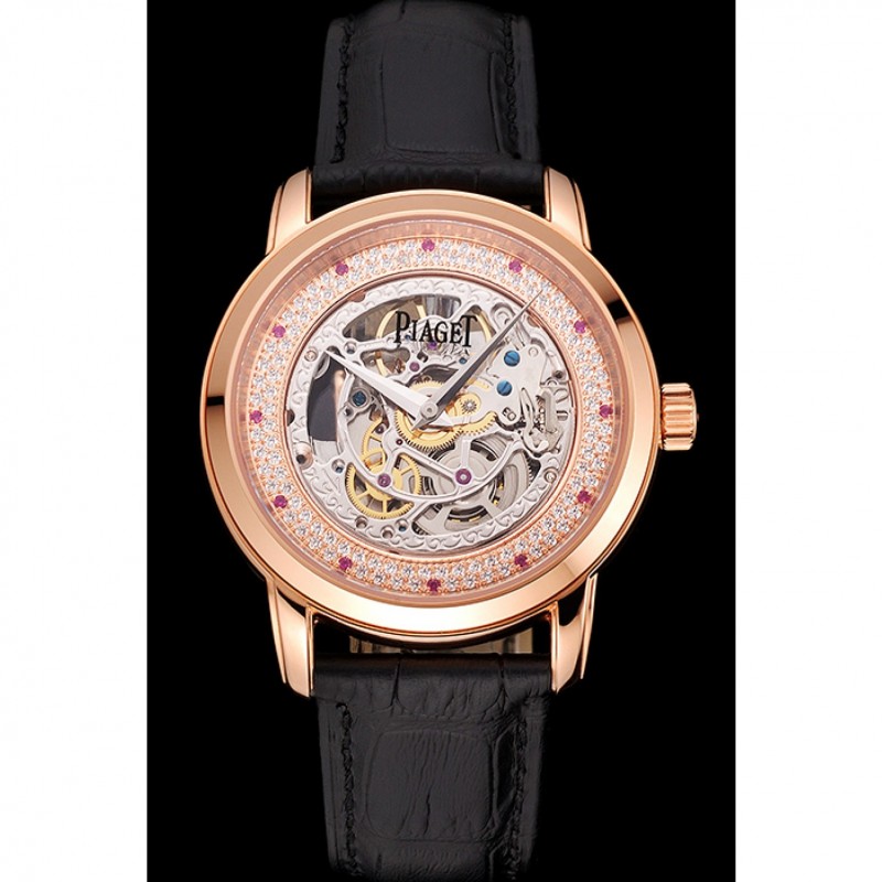 SS Swiss Piaget Altiplano Skeleton Dial With Diamonds Rose Gold Case Black Leather Strap-1
