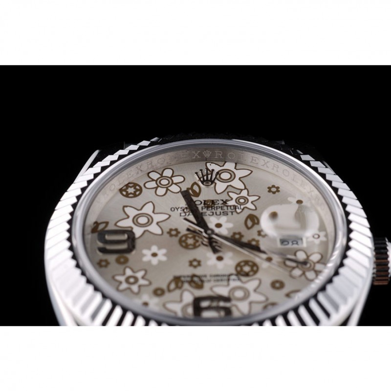 Best Replica Watches Rolex Swiss DateJust Stainless Steel Ribbed Bezel Flower Silver Dial 42001-8