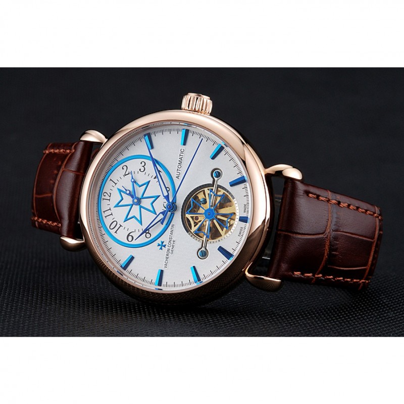 Vacheron Constantin Traditionnelle Tourbillon White Dial Blue Hourmarks Gold Case Brown Leather Bracelet 1454059-4