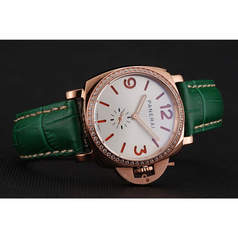 Panerai Radiomir White Dial Diamond Bezel Rose Gold Case Green Leather Strap 1453803-4