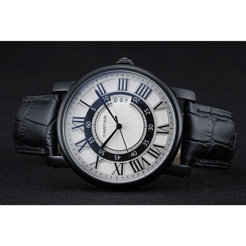 Cartier Rotonde White And Black Dial Black Case Black Leather Bracelet 1454219-3