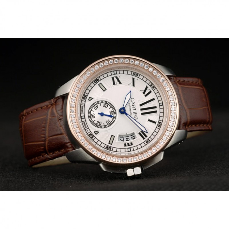 Cartier Calibre White Dial Diamonds Two Tone Case Brown Leather Bracelet-3
