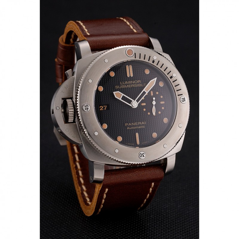 High End Swiss Panerai Submersible Left Handed Black Embossed Case Stainless Steel Case Brown Leather Strap-2