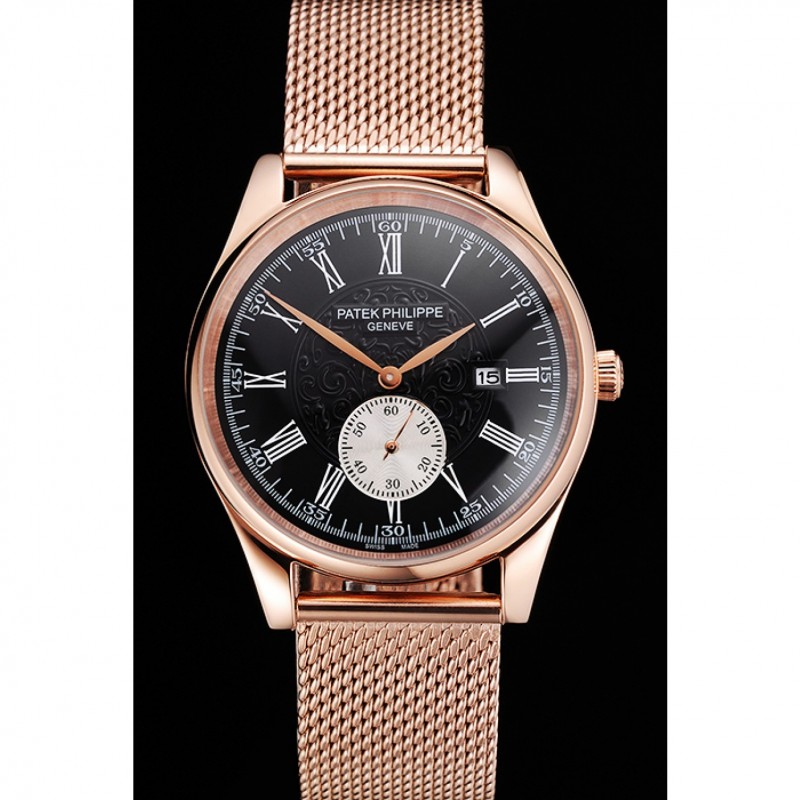 AAA Patek Philippe Calatrava Small Seconds Black Engraved Dial Rose Gold Case And Bracelet-1