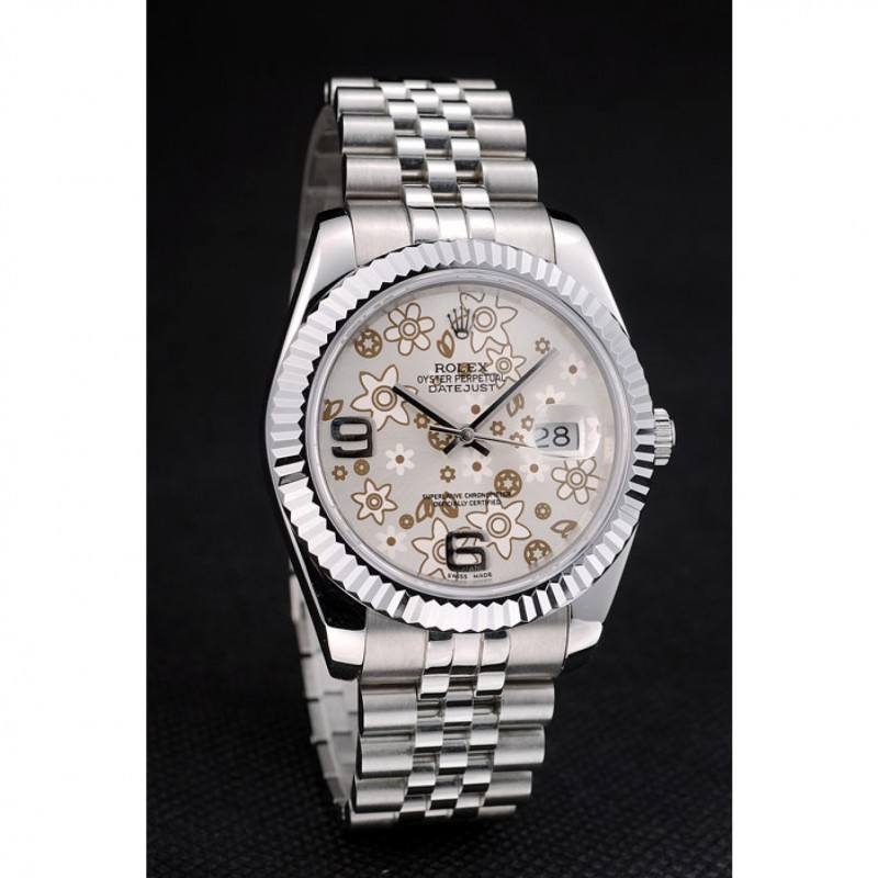 Best Replica Watches Rolex Swiss DateJust Stainless Steel Ribbed Bezel Flower Silver Dial 42001-2