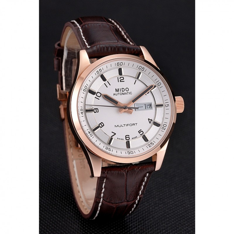 Mido Multifort Brown Croco Leather Strap White-Silver Dial 80300-2