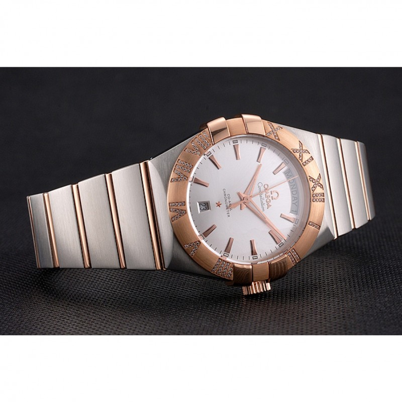 Swiss Omega Constellation White Dial Stainless Steel Case Rose Gold Bezel Two Tone Bracelet-4