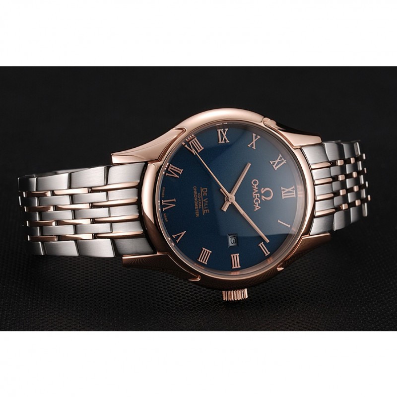 Best Replica Watches Omega De Ville Blue Dial Rose Gold Case Two Tone Bracelet 1453783-4