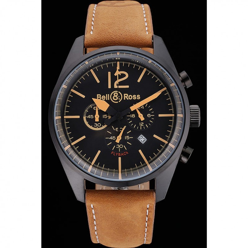 Bell and Ross BR126 Flyback Black Dial Black Case Gold Numerals Brown Suede Leather Strap-1