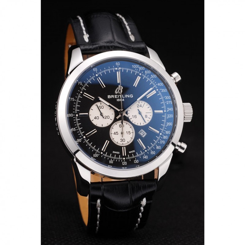 High Quality Breitling Transocean Black Dial Black Leather Strap Polished Stainless Steel Bezel-2