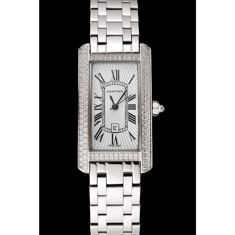 AAA Cartier Tank Americaine White Dial Diamond Bezel Stainless Steel Case And Bracelet 1453777-1