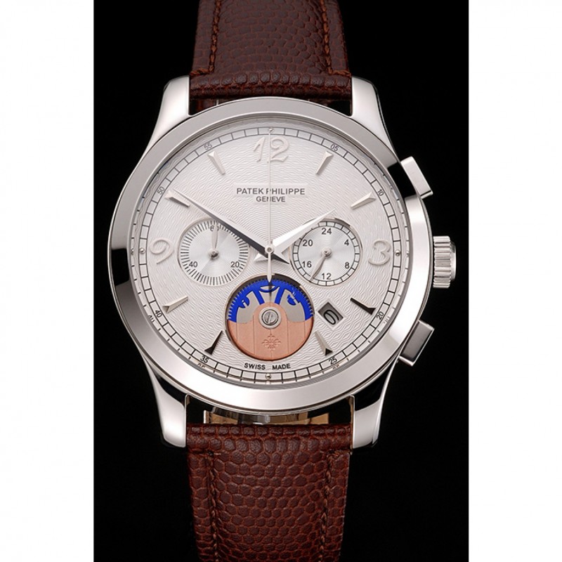 Patek Philippe Chronograph White Guilloche Dial Stainless Steel Case Brown Leather Strap-1