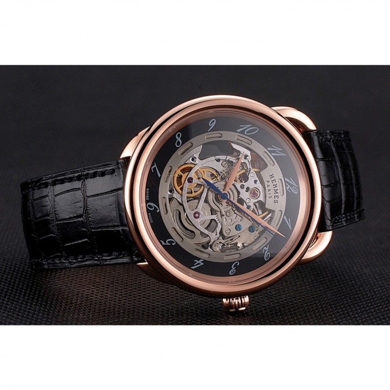Swiss Hermes Arceau Skeleton Black Dial Brown Hands Rose Gold Case Black Leather Strap-4