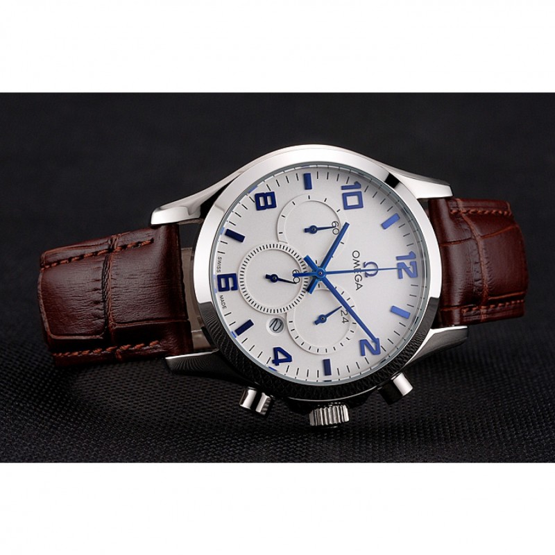 Omega Chronograph White Dial Blue Numerals Stainless Steel Case Brown Leather Strap-3