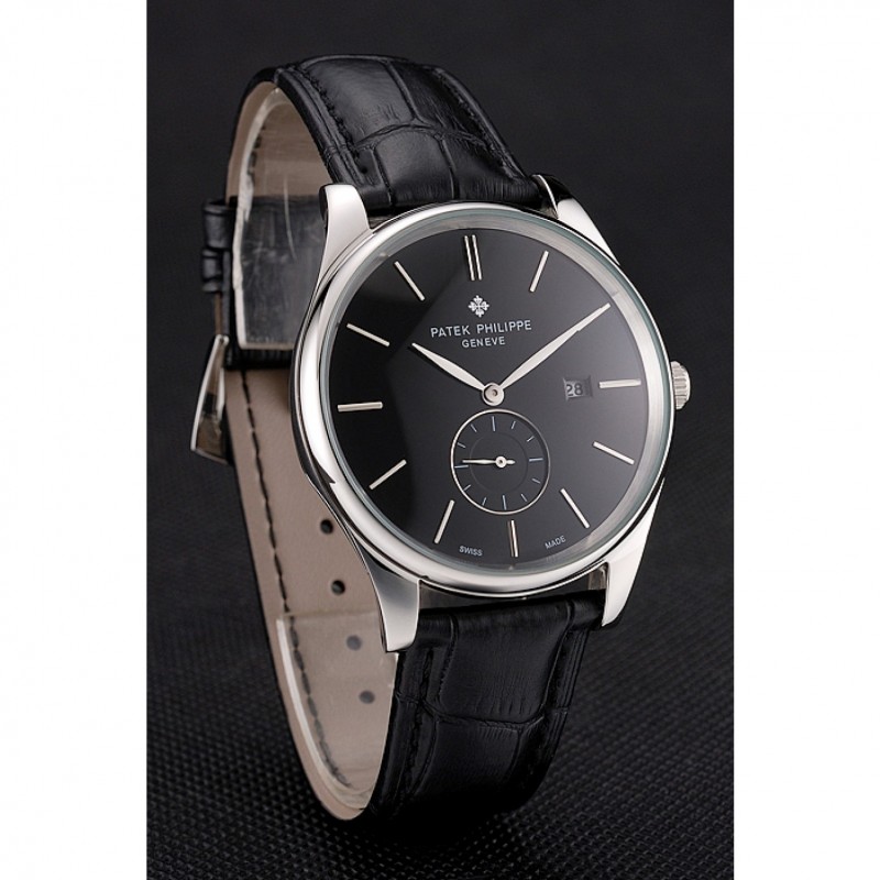 Best Replica Watches Patek Philippe Calatrava Date Black Dial Stainless Steel Case Black Leather Strap-2