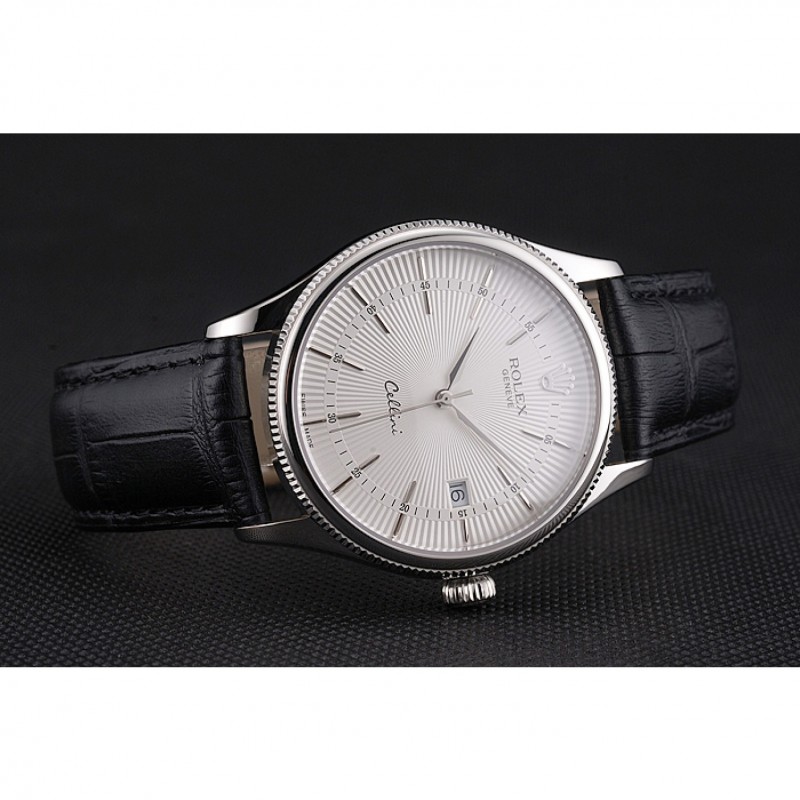 Swiss Rolex Cellini Date White Dial Stainless Steel Case Black Leather Strap-3