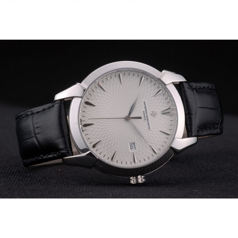 Swiss Vacheron Constantin Traditionnelle White Dial Stainless Steel Case Black Leather Bracelet-3