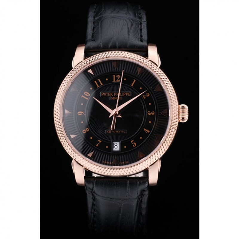 Patek Philippe Swiss Calatrava Ribbed Bezel Black Dial Black Leather Strap 7651-1
