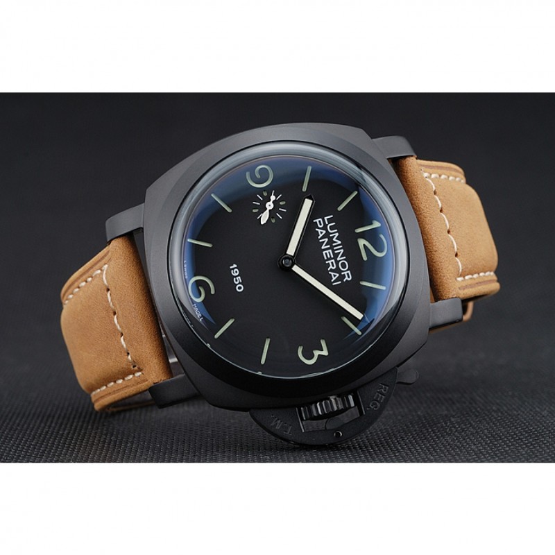 Panerai Luminor Black Ionized Stainless Steel Case Black Dial Brown Suede Leather Strap-3