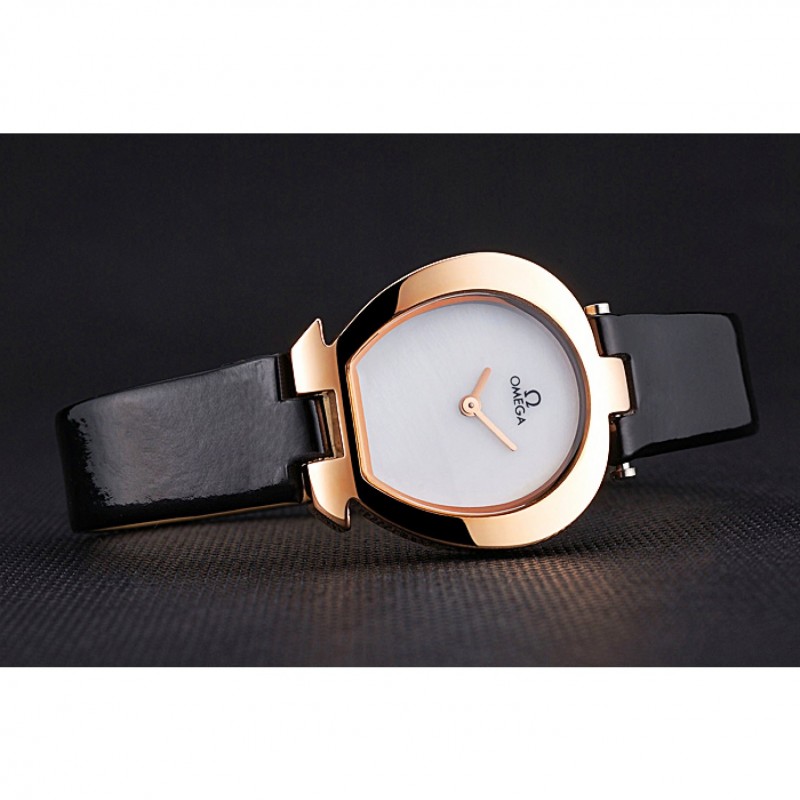 Omega Ladies Watch White Dial Gold Case Black Leather Strap 622820-3