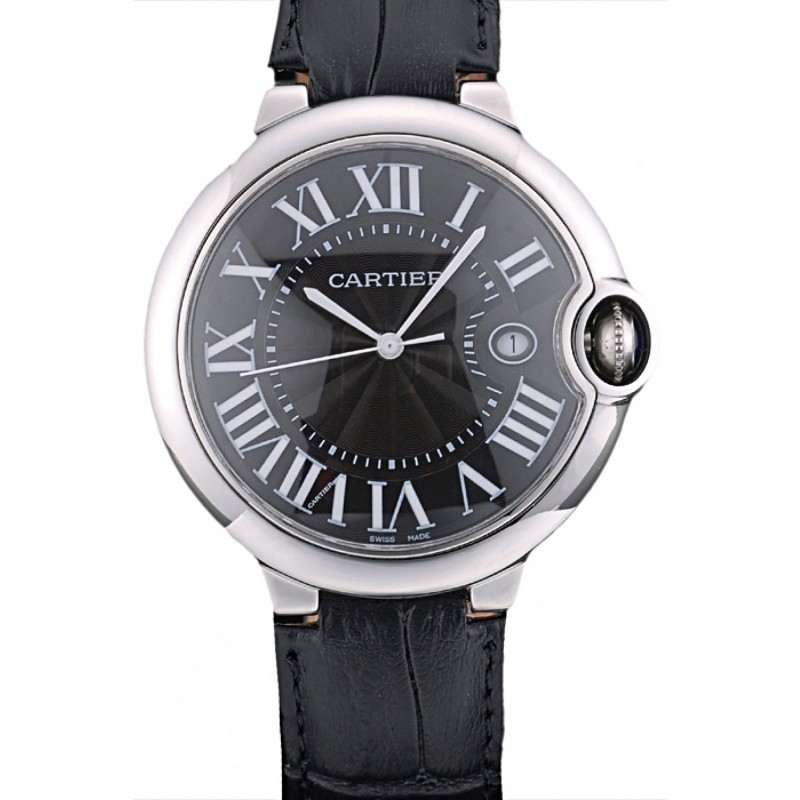 SS Cartier Ballon Bleu 42mm Black Dial Stainless Steel Case Black Leather Bracelet-0