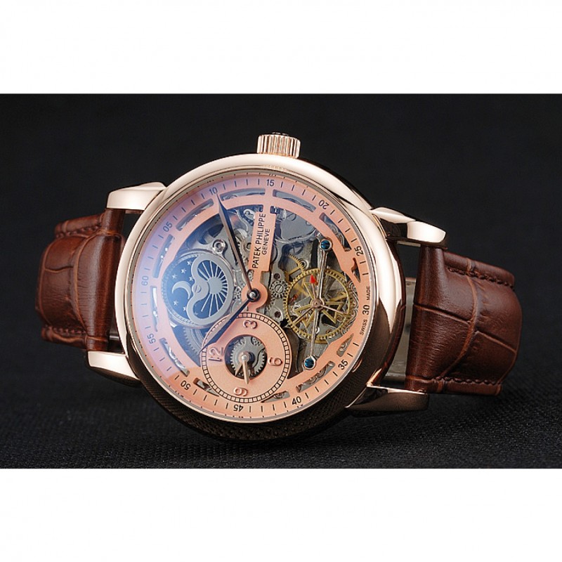 High Quality Patek Philippe Dual Time Moonphase Tourbillon Gold Skeletonised Dial Rose Gold Case Brown Leather Strap-4