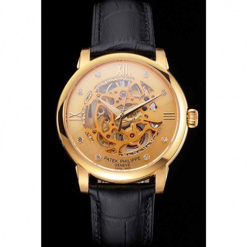 Swiss Patek Philippe Complications Openworked Dial Gold Case Black Leather Strap-1
