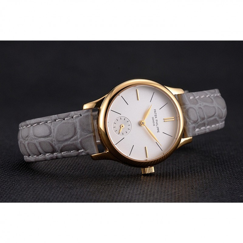 High End Replica Watches Patek Philippe Calatrava White Dial Gold Case Gray Leather Strap-4