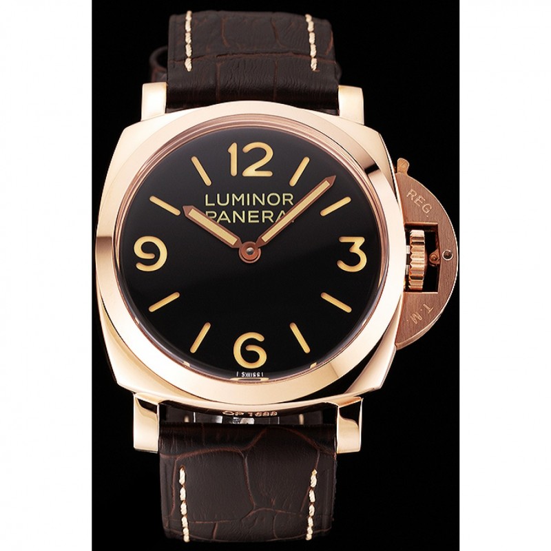 Swiss Panerai Luminor Black Dial Rose Gold Case Brown Leather Strap 1453842-1
