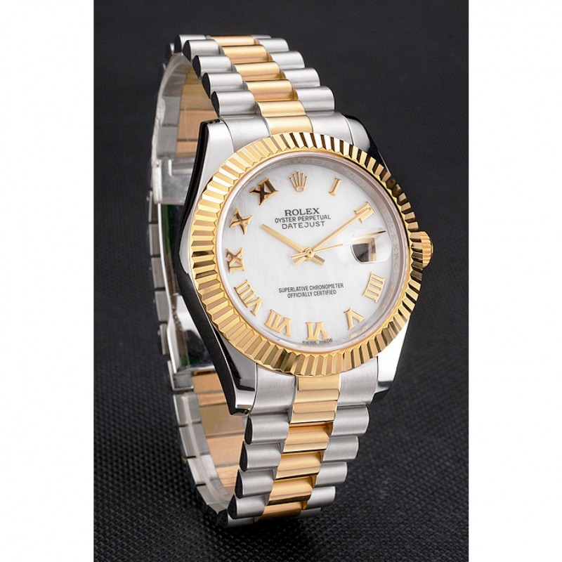 Swiss Rolex Datejust White Dial Roman Numerals Gold Bezel Stainless Steel Case Two Tone Bracelet-2