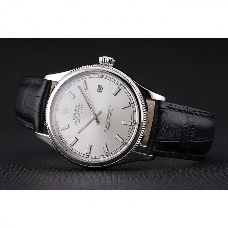 Swiss Rolex Datejust White Dial Stainless Steel Case Black Leather Strap-4