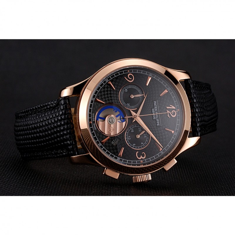 Patek Philippe Chronograph Black Guilloche Dial Rose Gold Case Black Leather Strap-3
