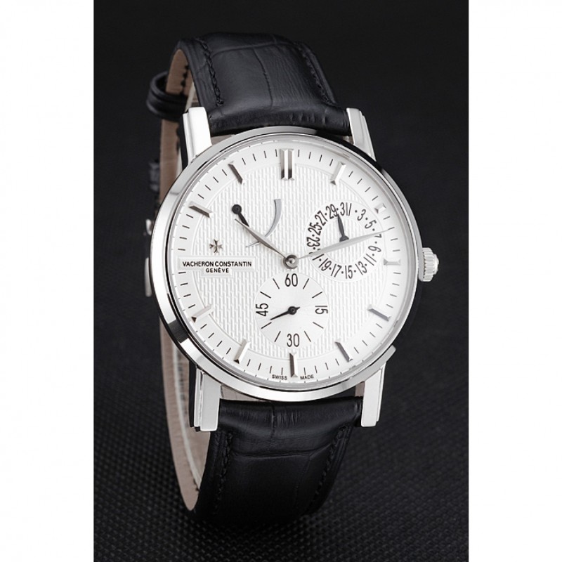 Swiss Vacheron Constantin Patrimony Quantieme Reserve De Marche Cream Dial Stainless Steel Case Black Leather Strap-2