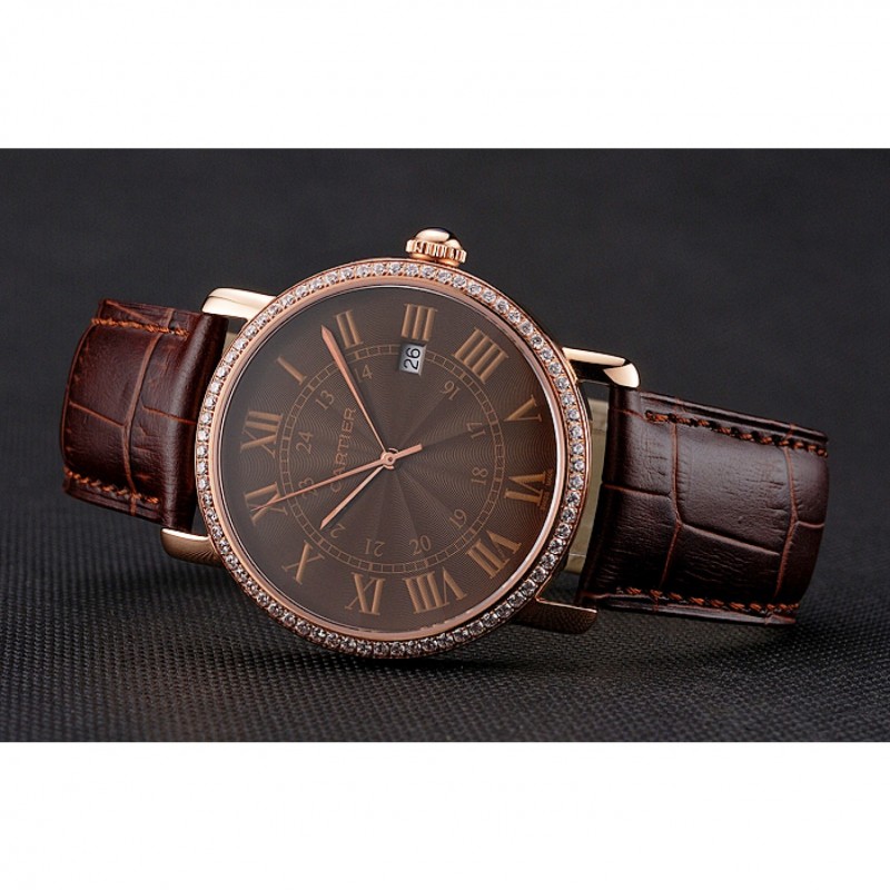 Cartier Ronde Solo Brown Dial Diamond Bezel Rose Gold Case Brown Leather Strap-4