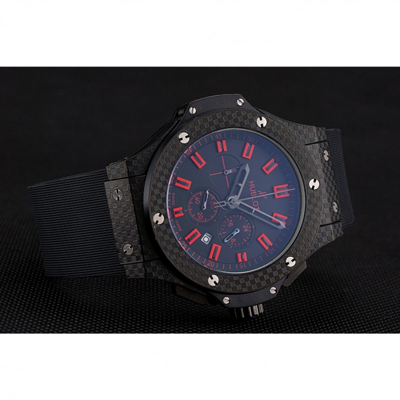 High Quality Replica Watches Hublot Big Bang Carbon Dial With Red Markings Carbon Case And Bezel Black Rubber Strap 622775-3