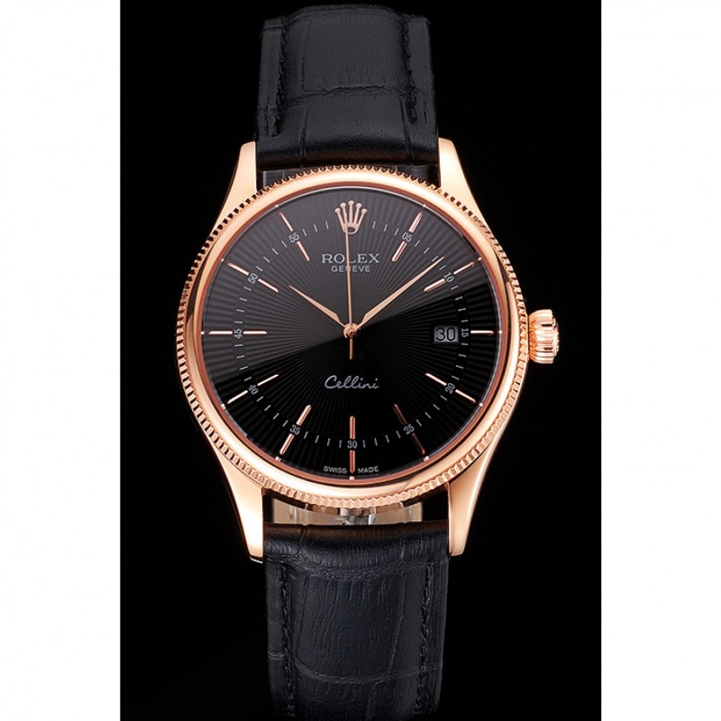 AAA Replica Watches Swiss Rolex Cellini Date Black Dial Rose Gold Markings Rose Gold Case Black Leather Strap-1