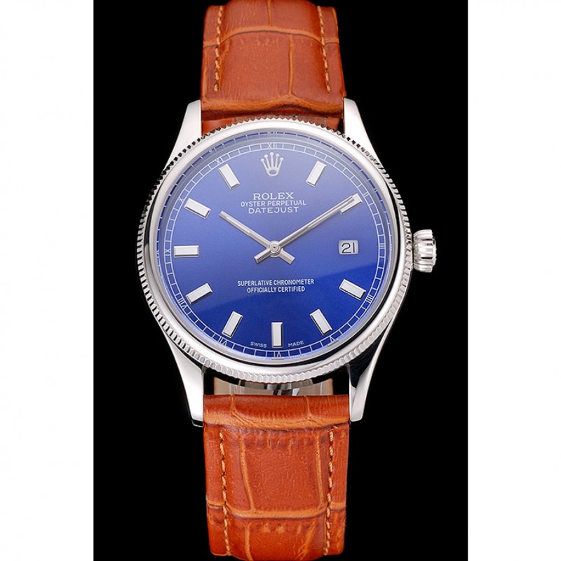 Swiss Rolex Datejust Blue Dial Stainless Steel Case Light Brown Leather Strap-1