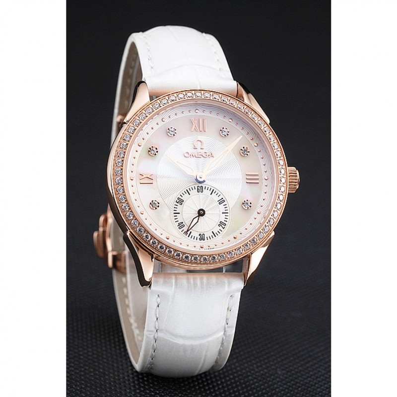 High Quality Replica Watches Omega DeVille Prestige White Dial Gold Diamond Case White Leather Bracelet 1454122-2