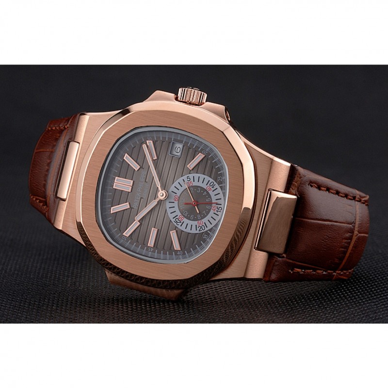 Patek Philippe Nautilus Gray Dial Rose Gold Case Brown Leather Strap-4
