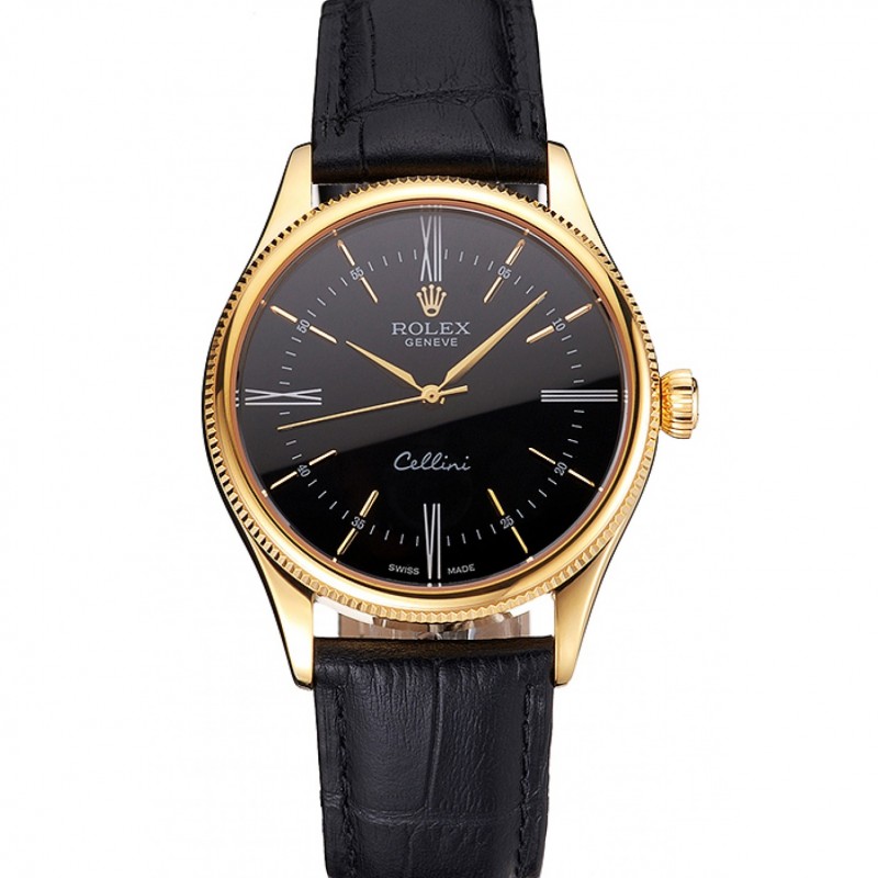 Swiss Rolex Cellini Black Dial Roman Numerals Gold Case Black Leather Strap-0