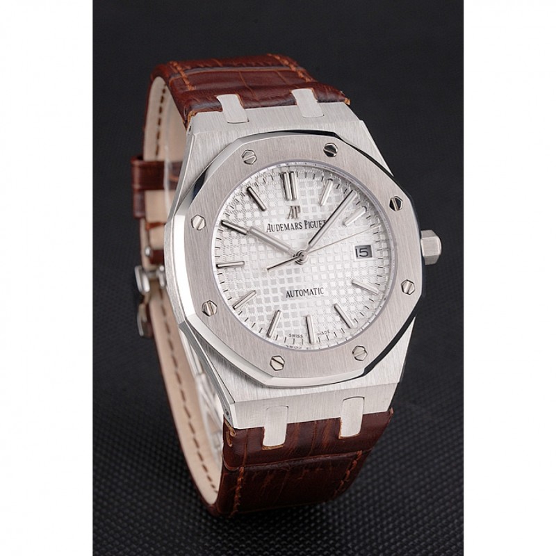 Swiss Audemars Piguet Royal Oak White Dial Stainless Steel Case Brown Leather Strap-2