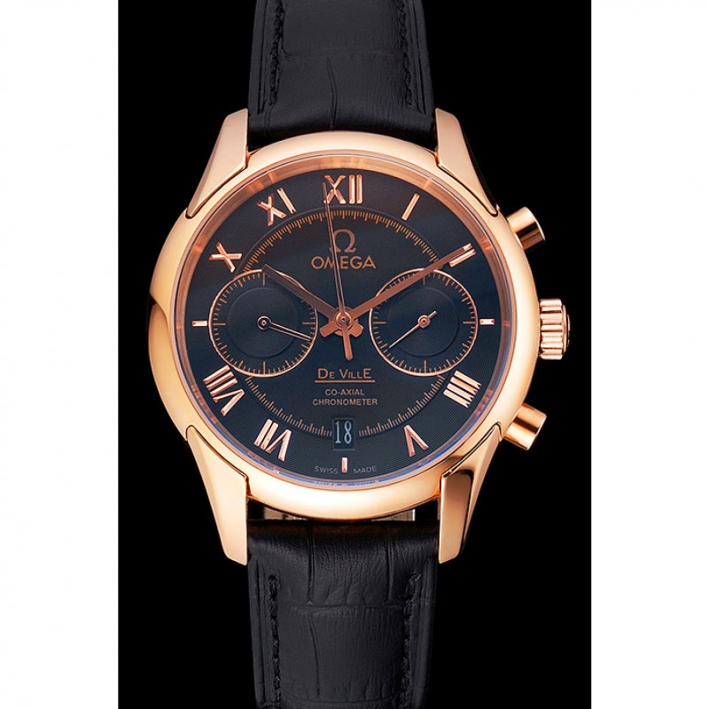 Omega DeVille Rose Gold Bezel with Black Dial and Black Leather Strap 621569-1
