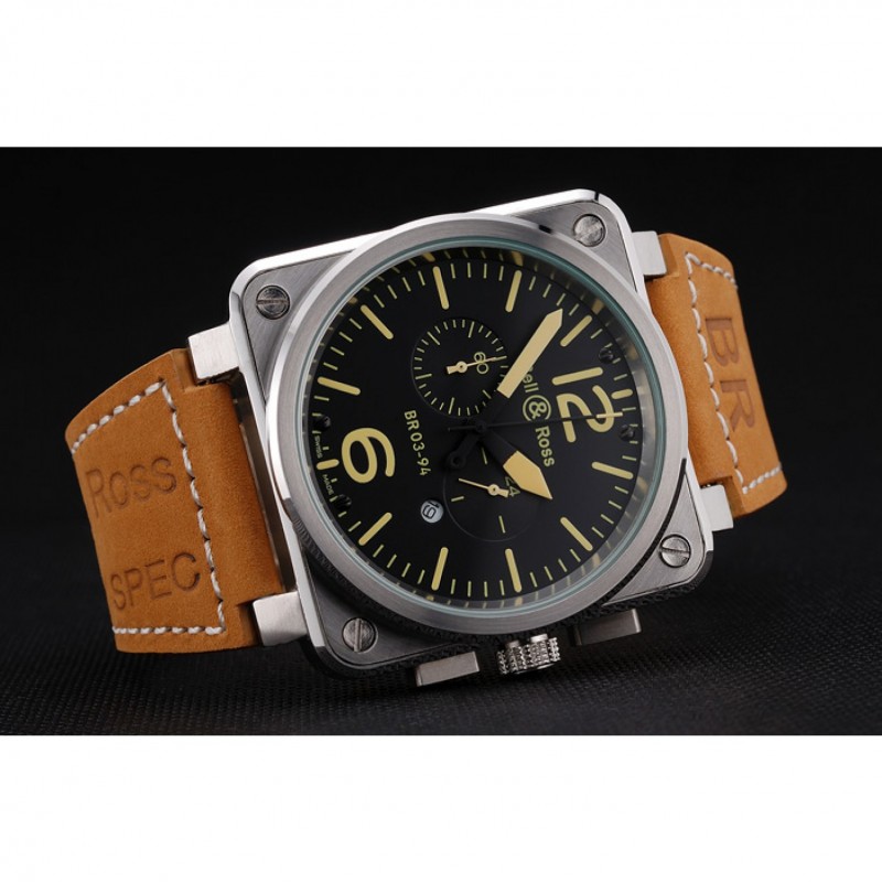 Luxury Bell and Ross BR 03-94 Black Dial Silver Case Brown Leather Strap-4