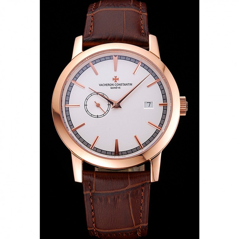 Swiss Vacheron Constantin Patrimony Contemporaine Rose Gold Case White Dial Brown Leather Bracelet 622680-1