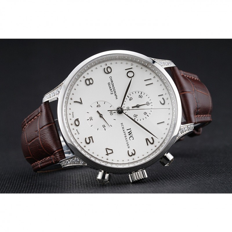 Luxury Replica Watches IWC Portugieser Chronograph White Dial Steel Hands And Numerals Steel Case With Diamonds Brown Leather Strap-3