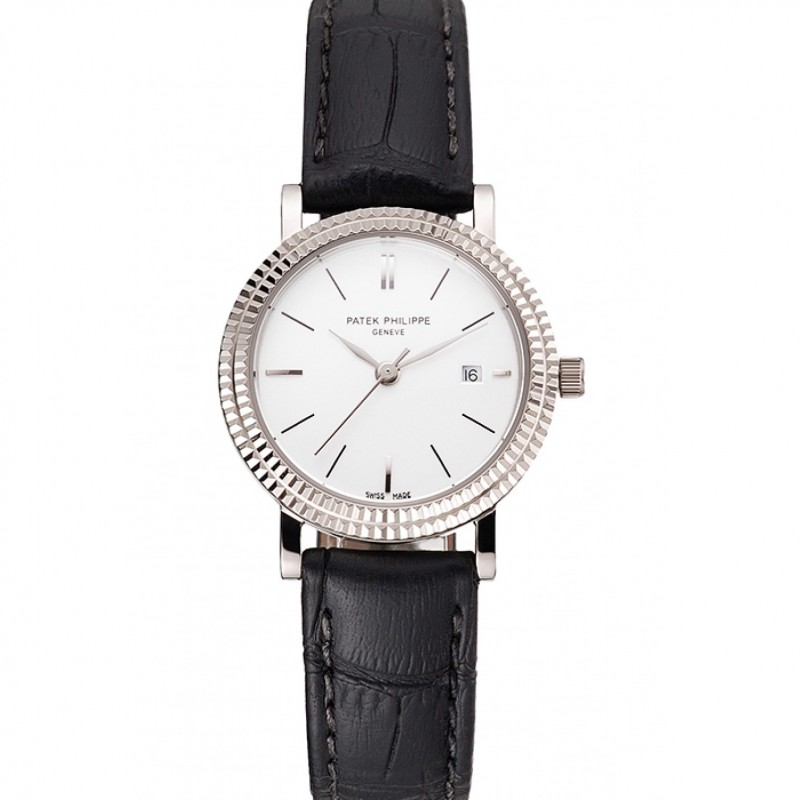 Cheap Patek Philippe Calatrava White Dial Double Ribbed Bezel Stainless Steel Case Black Leather Strap-0