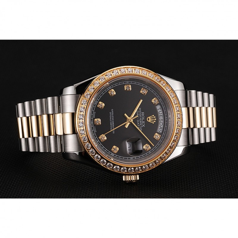 Swiss Rolex Day-Date Black Dial Gold Diamond Case Two Tone Stainless Steel Bracelet 1453975-2